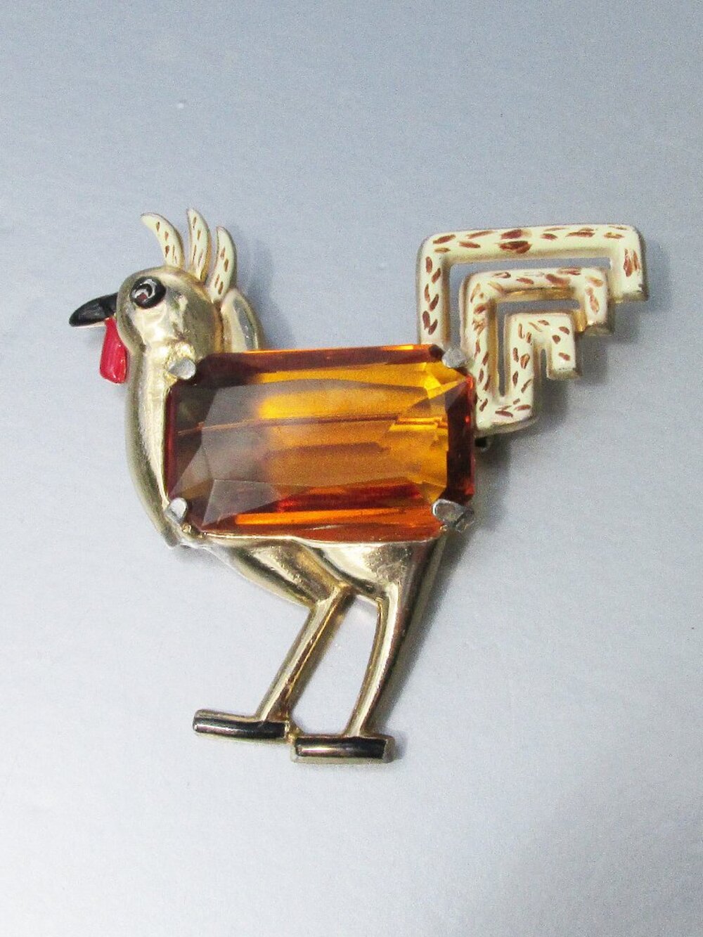 RARE 1940s Signed CORO Rhinestone & Enamel ROOSTER Brooch Pin